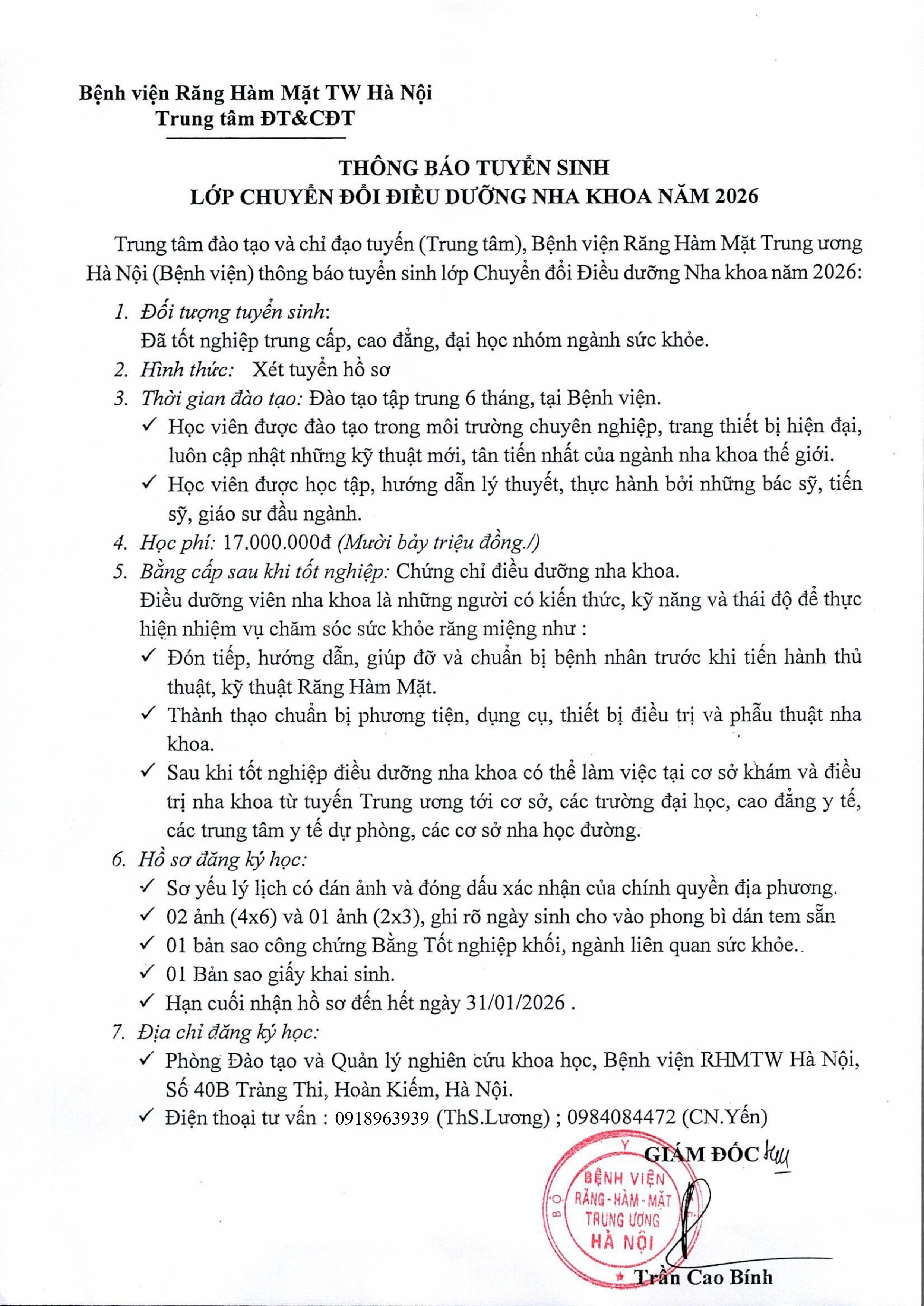 THÔNG BÁO TUYỂN SINH LỚP CHUYỂN ĐỔI ĐIỀU DƯỠNG NHA KHOA NĂM 2026